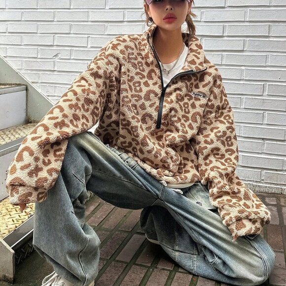 Apricot Casual Women's Leopard Print Basic Long Sleeve Sweatshirt - Picture 8 of 9